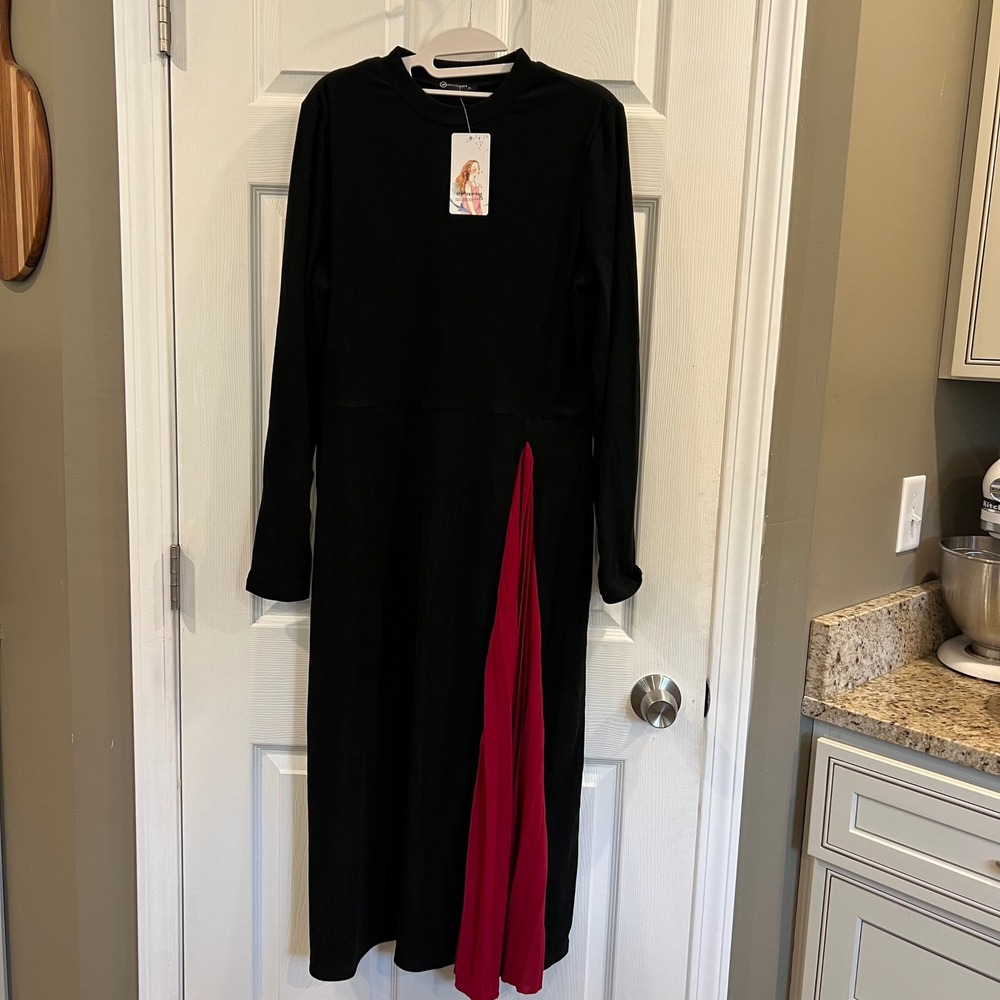 PRETTYGARDEN Black Ribbed Midi Dress XL Long Sleeve Red Pleated Panel Stretchy
